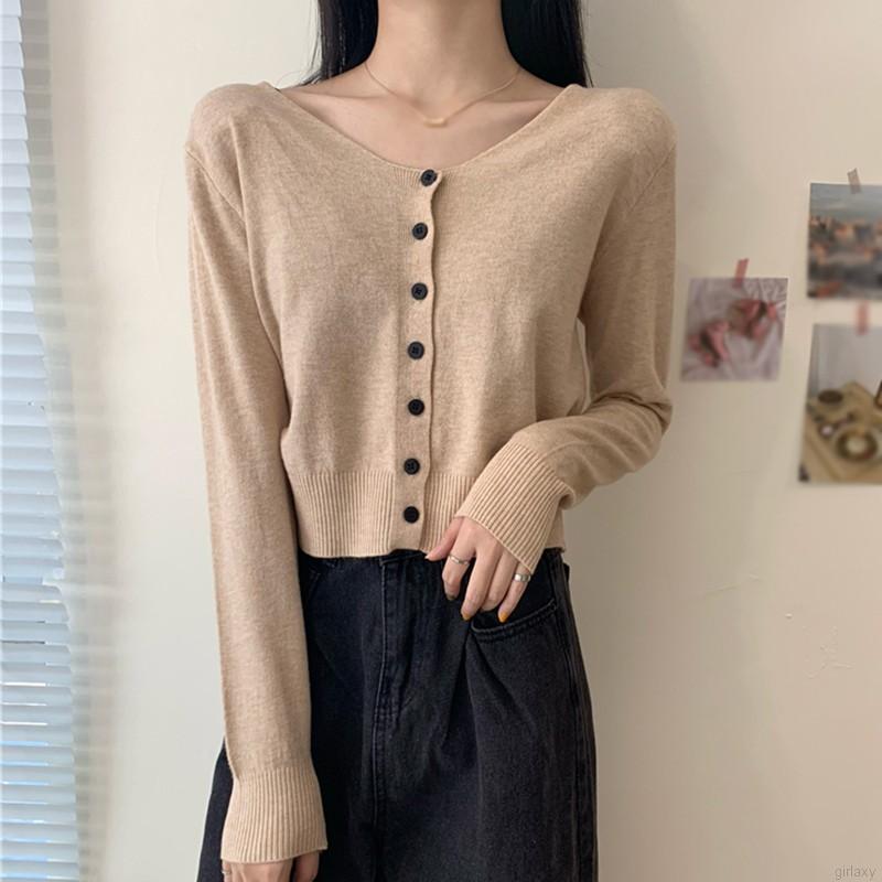 Áo Cardigan Dệt Kim Tay Dài Cổ Chữ V Màu Trơn Thiết Kế Đơn Giản Phong Cách Hàn Quốc Cho Nữ