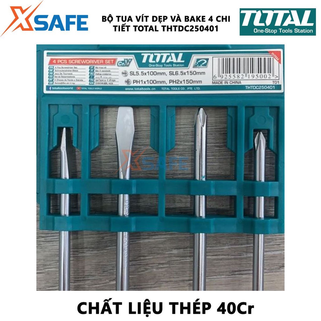 Bộ tuốc nơ vít dẹp và bake 4 chi tiết TOTAL THTDC250401 | Bộ 4 tua vít gồm 2 tuốc nơ vít dẹp SL5X100mm, SL6X150mm