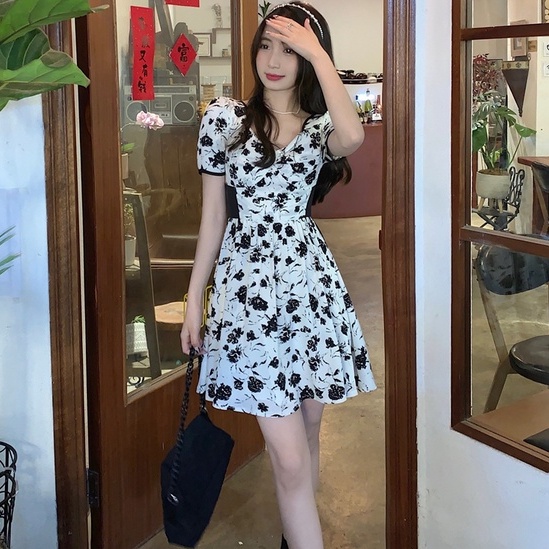 Đầm ZHELIHANGFEI tay ngắn họa tiết hoa hồng ôm eo tôn dáng xinh xắn cho nữ