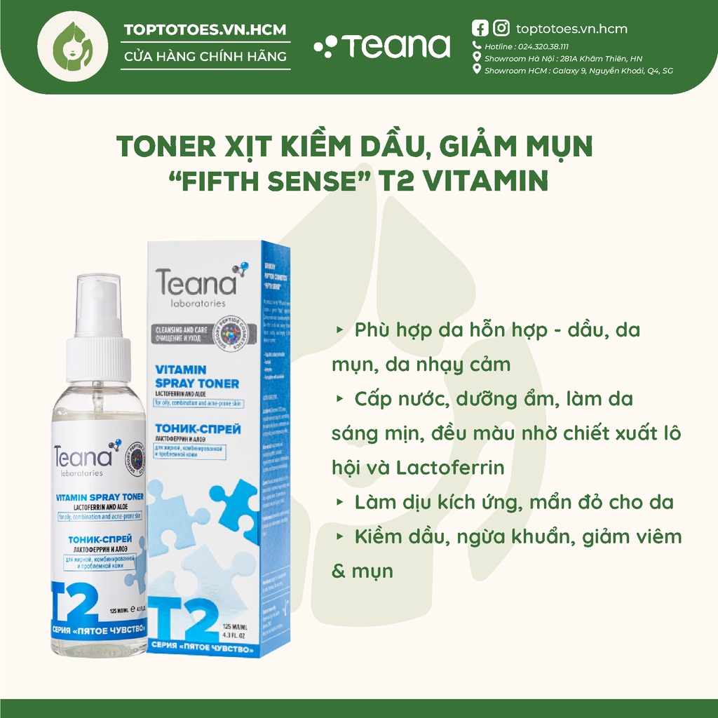 Toner Teana &quot;Fifth Sense&quot; Vitamin Spray cấp nước, kiềm dầu, giảm mụn, chống oxy hóa 125ml