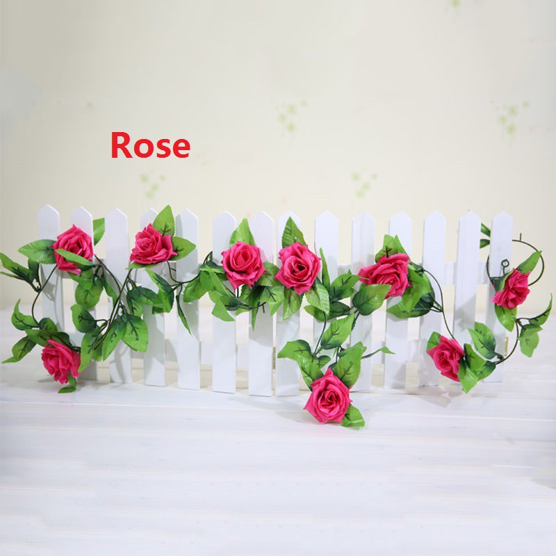 Artificial flower rattan Dây hoa hồng bằng vải lụa & lá thường xuân giả 2.3M treo tường trang trí tiệc cưới