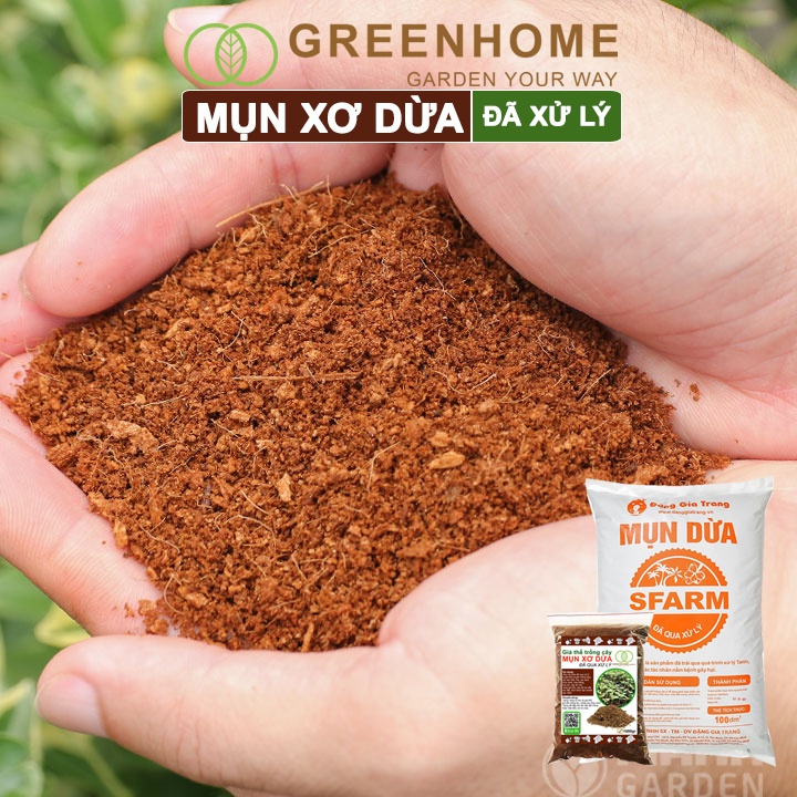 Mụn xơ dừa đã qua xử lý sfarm Greenhome, bao 1kg, chuyên trồng rau, hoa màu, dâu tây, cây ăn trái, thủy canh