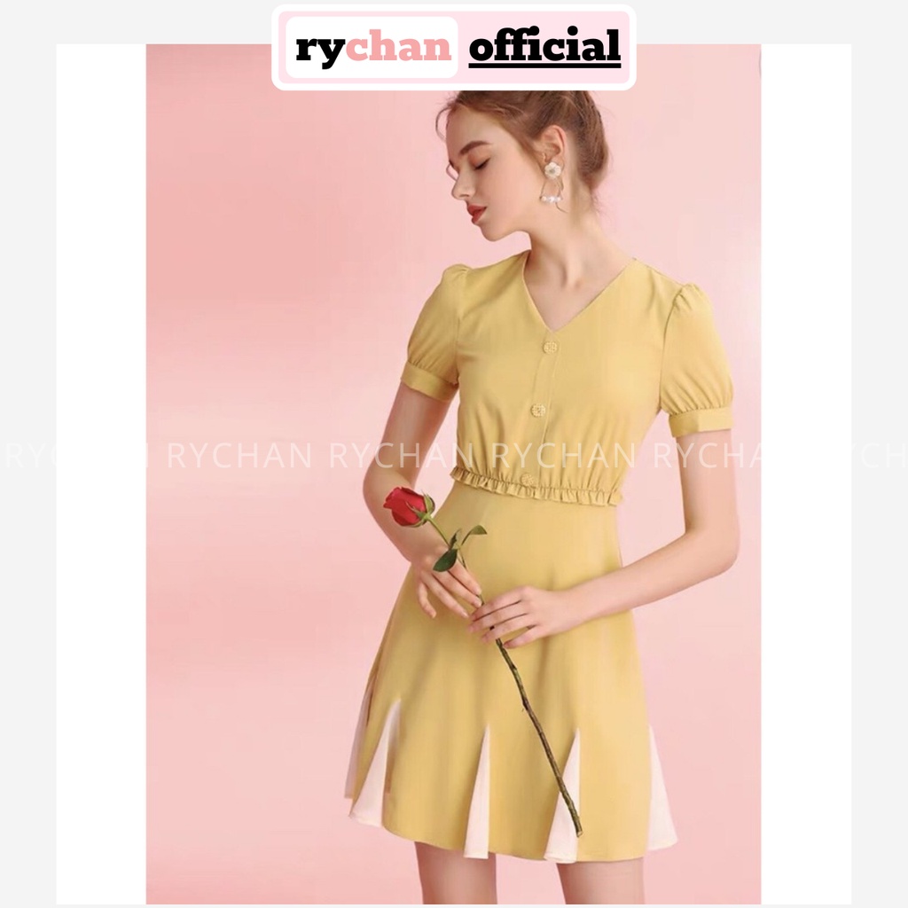 Đầm Xòe Vàng Cổ V Đính Nút - DX0011