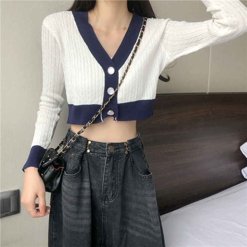 Áo Cardigan Dệt Kim Tay Dài Cổ Chữ V Màu Tương Phản Hợp Thời Trang Cho Nữ