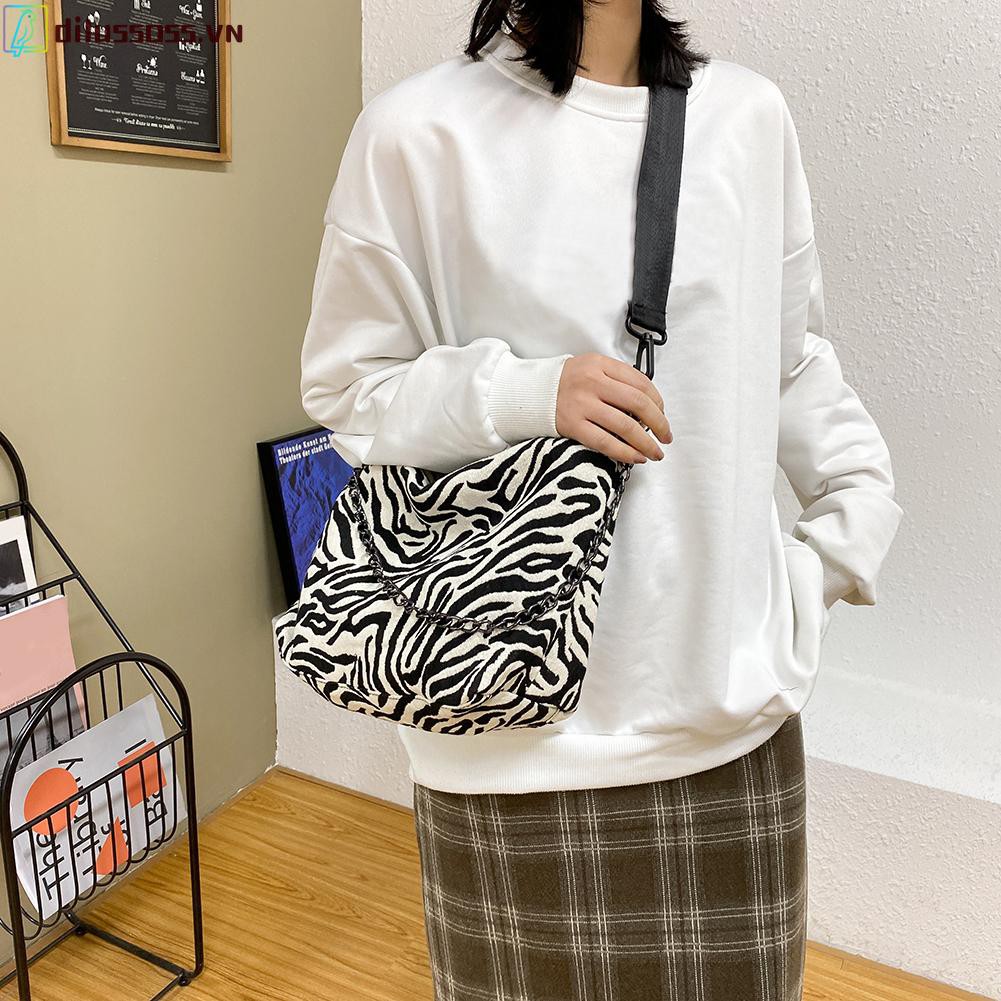 túi đeo chéo Retro Zebra Shoulder Handbag Women Canvas Big Capacity Crossbody Chain Bag