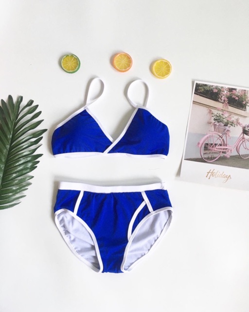 Set bikini cặp đi biển xanh coban phối viền trắng