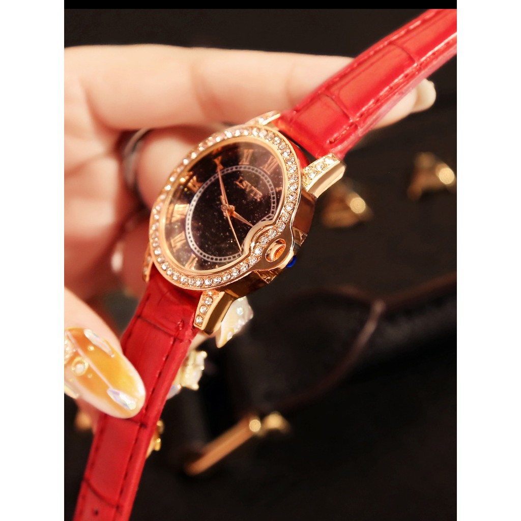 [Tặng kèm pin loại tốt] Đồng hồ nữ đẹp giá rẻ LSVTR 2019, mặt tròn, niềng đính đá, dây da, 04 màu thời trang
