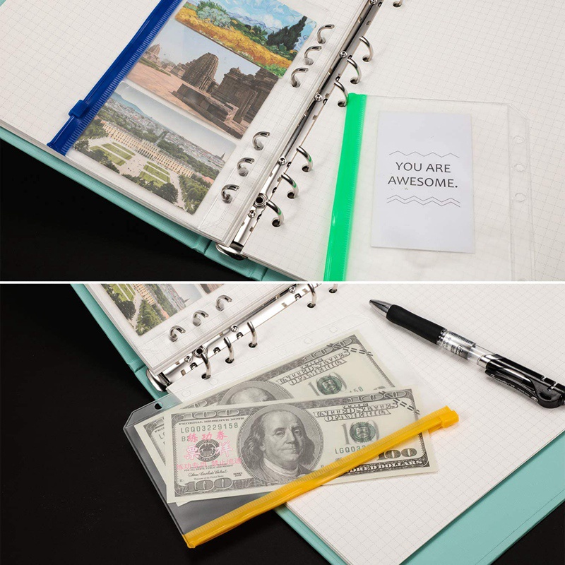 Bìa A6 đóng gáy 6 còng và 12 túi đựng bằng nhựa đầy màu sắc có dây kéo cầm tay