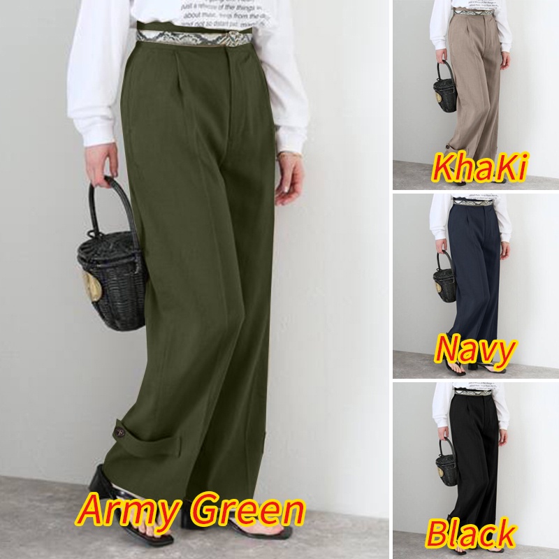 Quần dài ZANZEA ống rộng lưng thun có túi thời trang cho nữ