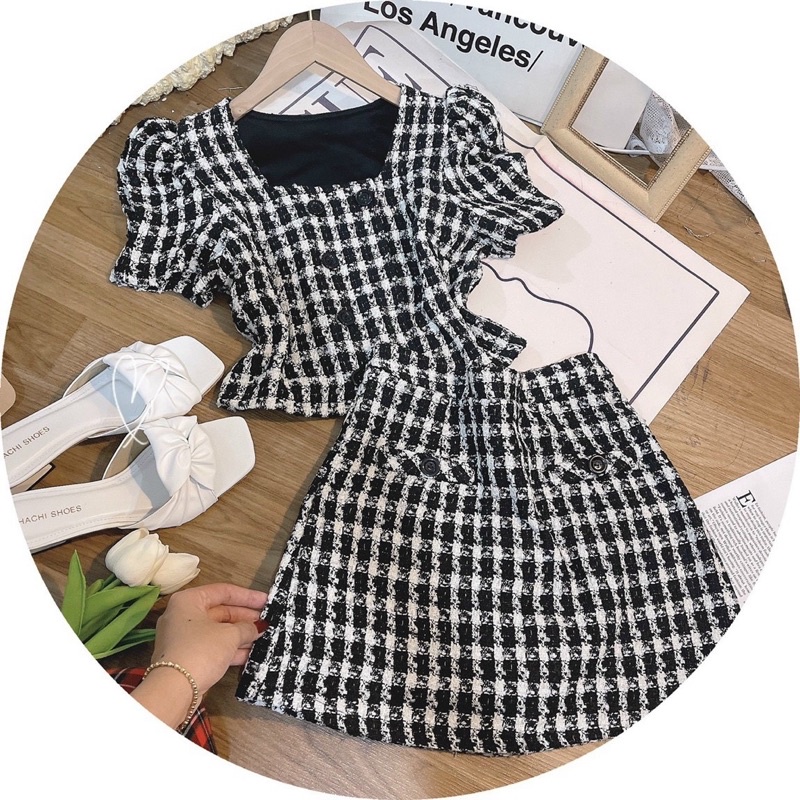 SET ÁO DẠ CARO ĐEN NÚT DỌC +  CHÂN VÁY