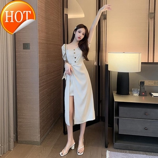 Đầm nữ ngắn tay cổ tròn xẻ tà thời trang