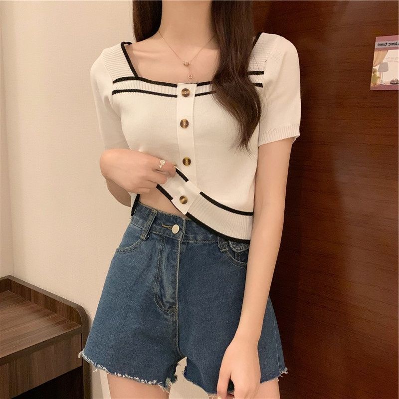 Áo Thun Dệt Kim Tay Ngắn Cổ Vuông Dáng Ôm Phong Cách Thời Trang Mới Dành Cho Nữ  tao bao
