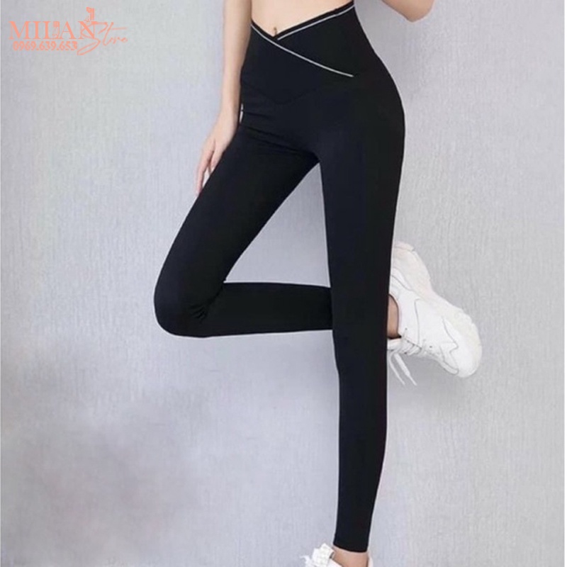 Quần legging cạp chéo siêu cao nữ viền kẻ trắng gen bụng nâng mông ôm bó sát màu đen vải Umi dày co giãn tập yoga gym