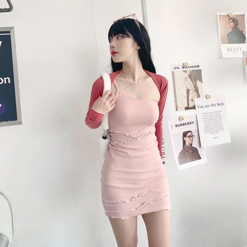 Set váy body kèm cardigan cuốn biên trắng sexy đi chơi hẹn hò