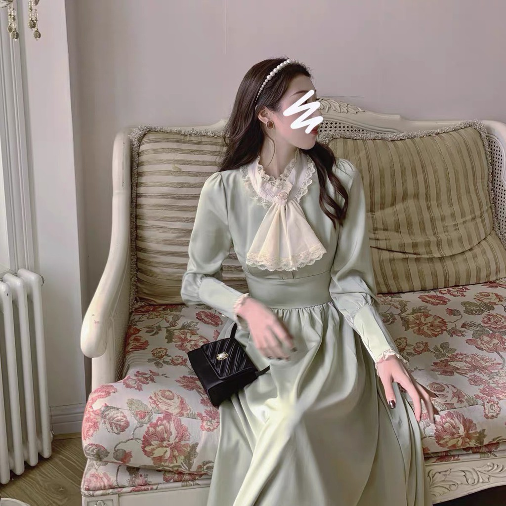 VÁY VINTAGE CỔ NƠ REN CÚC NGỌC,váy xoè nơ cổ,dáng chữ A | BigBuy360 - bigbuy360.vn