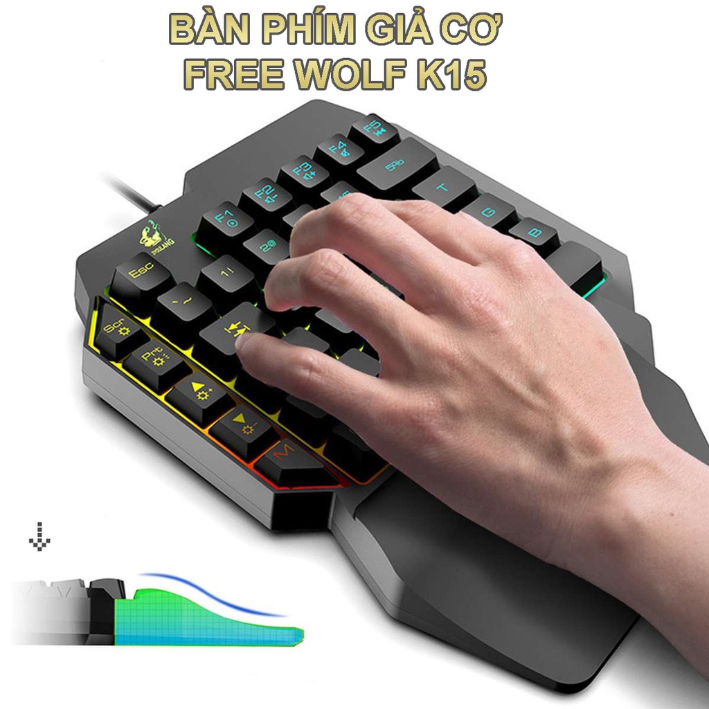 Bàn phím giả cơ FREE WOLF K15, cổng USB, 8 màu đèn nền với tổng bố cục 39 phím trải nghiệm game cục tốt và ổn định.