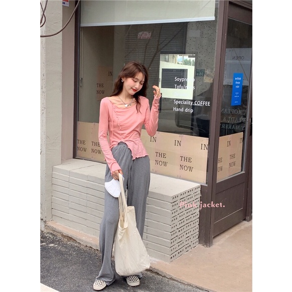Áo kiểu dài tay, Quần ống rộng màu xám style ulzzang Hàn Quốc phù hợp với nữ mùa xuân, mùa thu, mùa hè