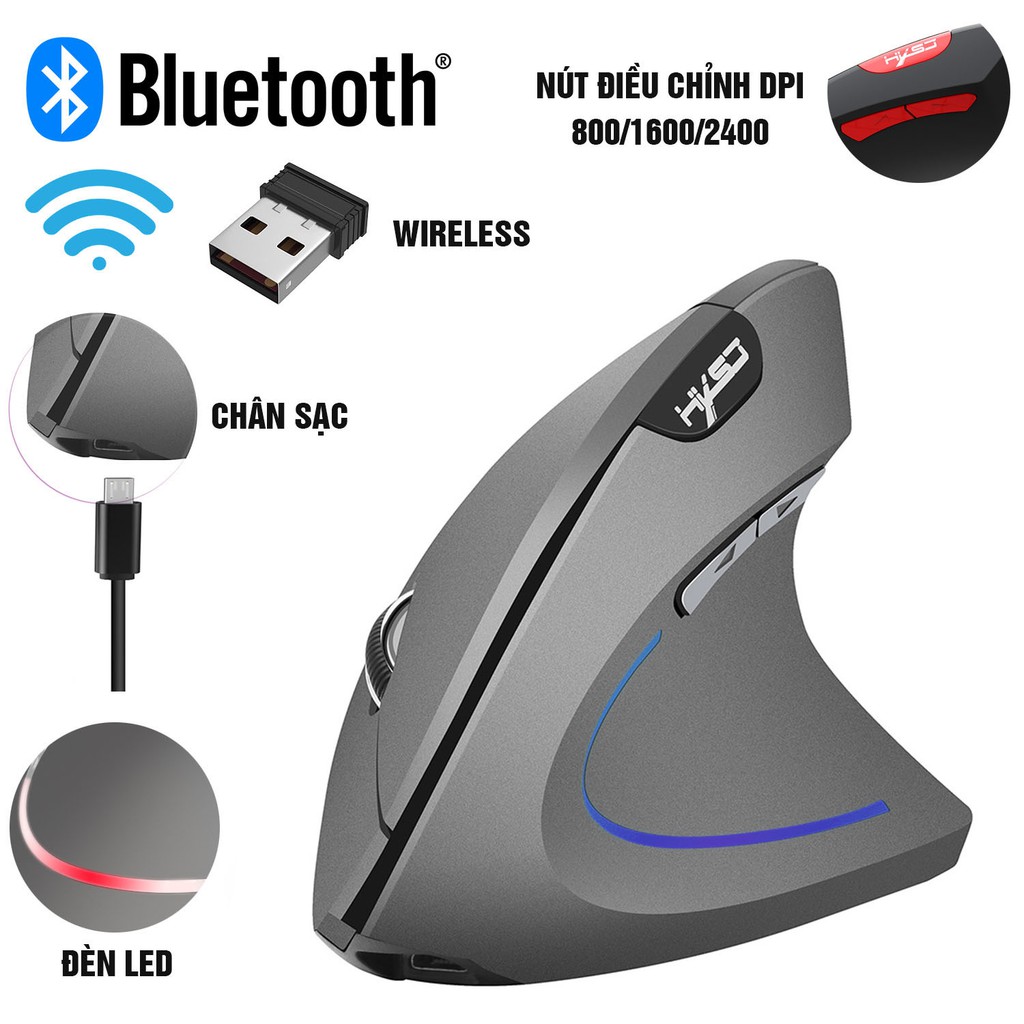 Chuột đứng không dây Wireless, Bluetooth, DPI, tiến lùi trang cho Gaming, Văn phòng, Designer 6 nút, chống mỏi cổ tay