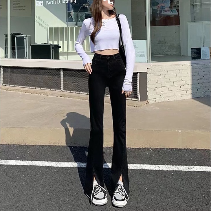 Quần Denim Ống Loe Lưng Cao Thời Trang Hàn Quốc Dành Cho Nữ