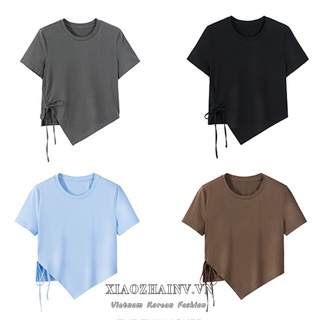 Xiaozhainv Áo Thun Croptop Tay Ngắn Phối Dây Rút Màu Trơn Phong Cách Hàn Quốc Thời Trang Cho Nữ