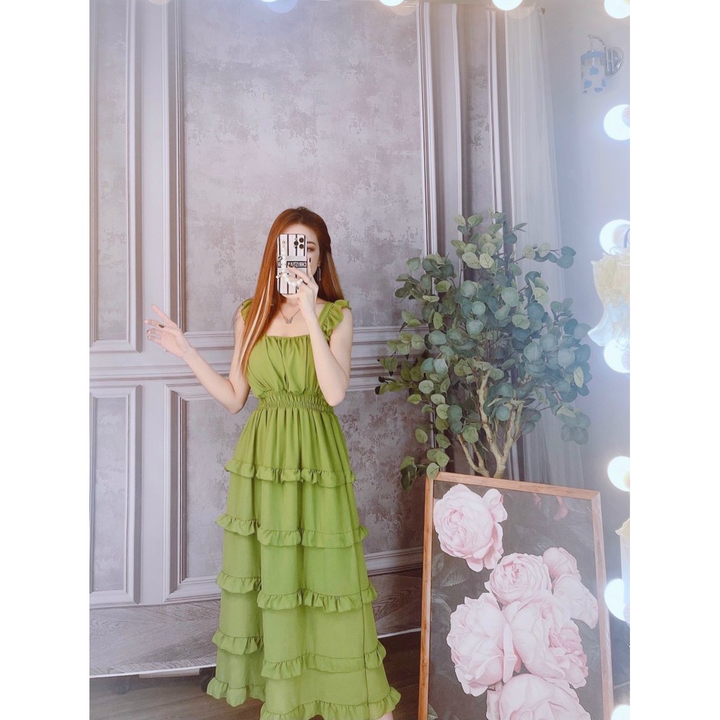 Đầm maxi vải voan tay cánh tiên có lót trong 5 tầng tiểu thư hot trend