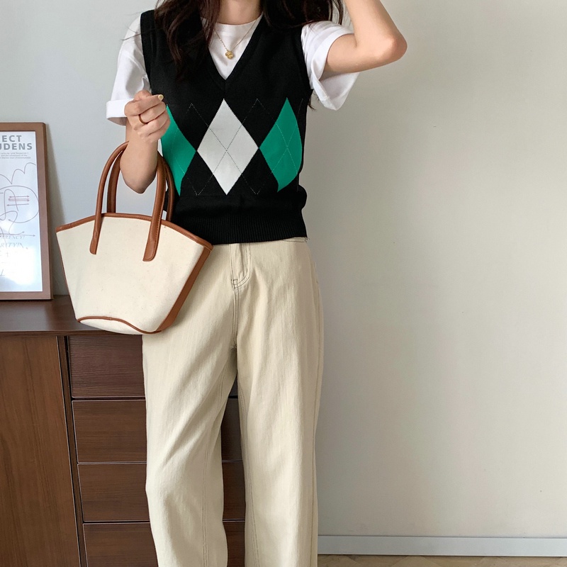 Áo len không tay cổ chữ v đính đá phong cách retro Mỹ