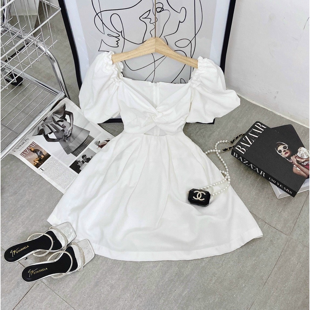 đầm lụa xếp ly kiểu cổ vuông khoét ngực tay ngắn bồng