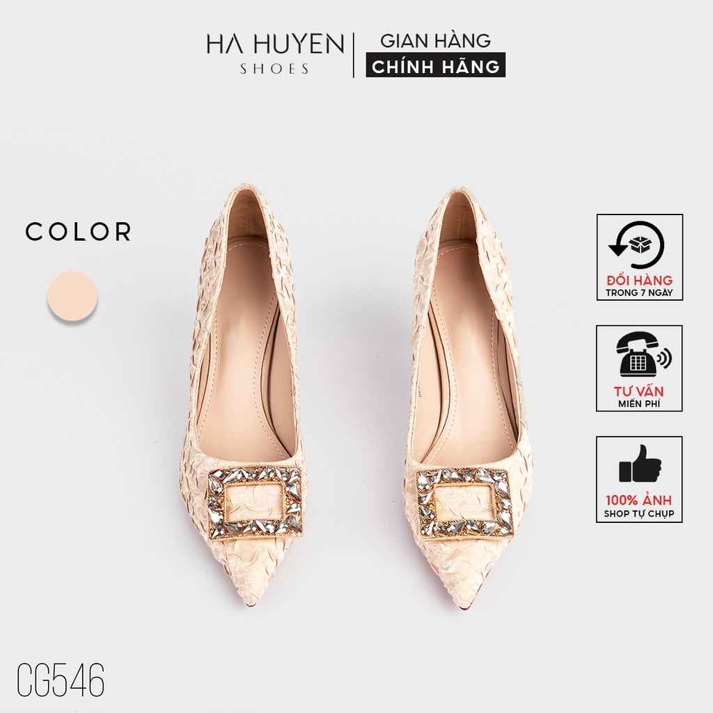 Giày cao gót nữ Hà Huyền Shoes nhung xốp đính khoá đá chữ nhật gót vuông 6 phân - CG546