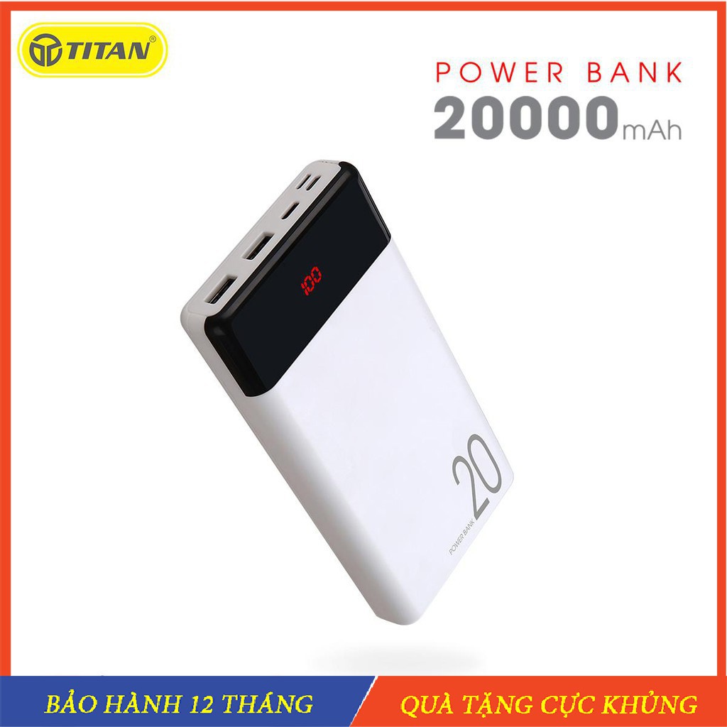 Pin dự phòng 20000 mAh - 3 đầu cắm sạc Type C / Lightning / Micro - Cổng hỗ trợ sạc nhanh - Titan chính hãng