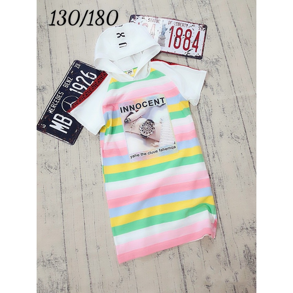 Đầm suông sọc phối nón hoddie thời trang đồng hồ cá tính cho bé gái tuổi teen