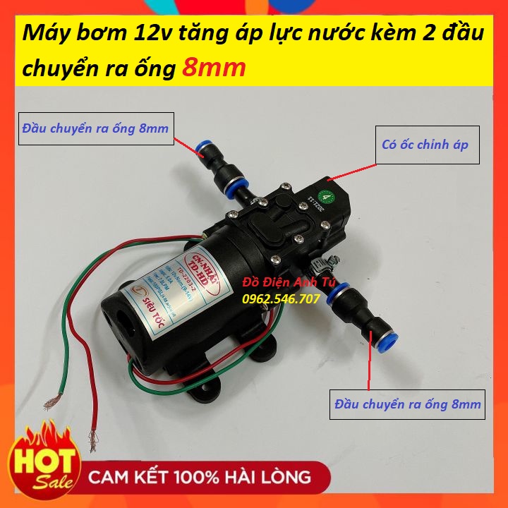 máy bơm nước mini 12v áp lực cao - (bơm tăng áp Việt nhật 12v + chuyển ống 8mm)