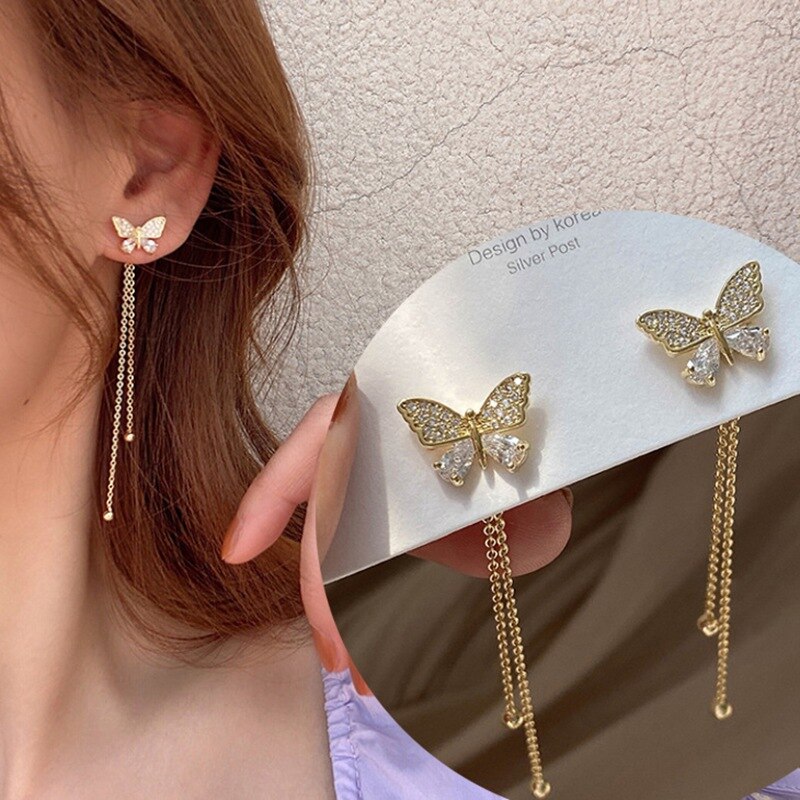 Elegant Rhinestone Butterfly Earrings Korean Style Sweet Earring Stylish Dangles #5040