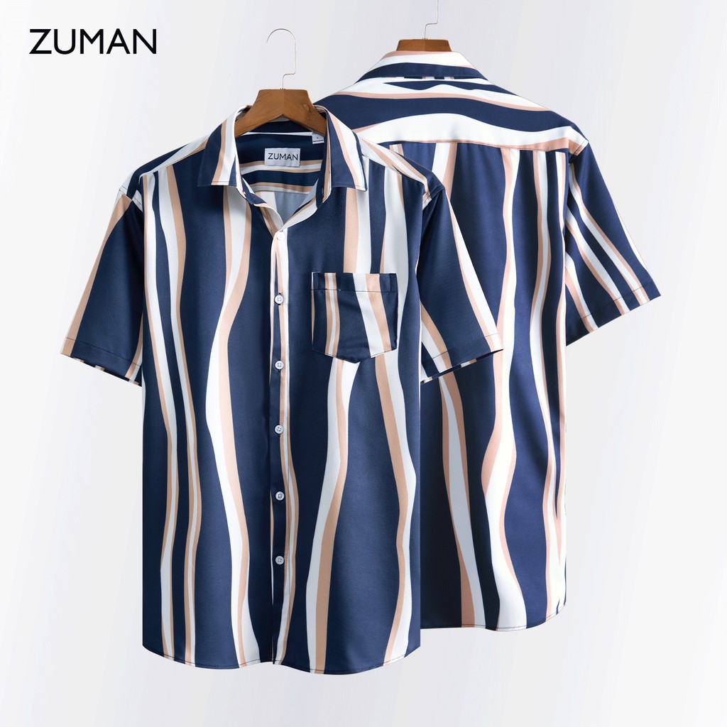 Áo sơ mi nam họa tiết tay ngắn Striped Pattern Shirt ASM50 ZUMAN form suông, chất lụa chéo cao cấp, thoáng mát