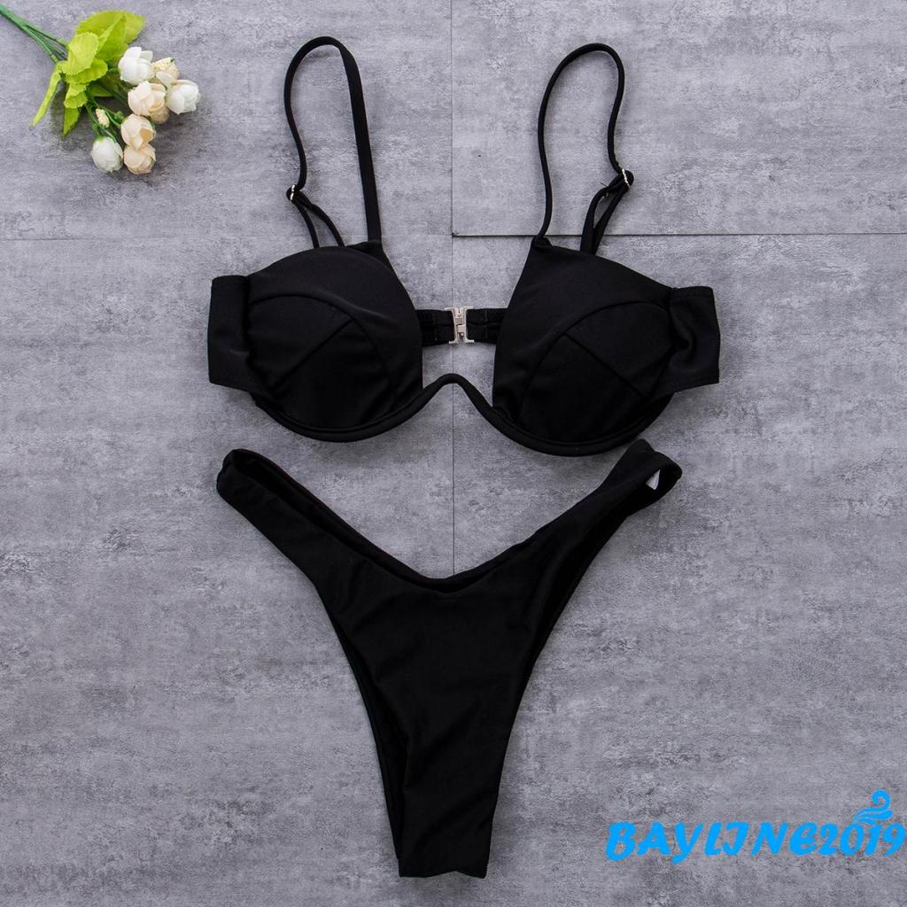 Bộ Đồ Bơi 2 Mảnh Lưng Cao Có Đệm Ngực Màu Trơn Hình Chữ V Dành Cho Nữ