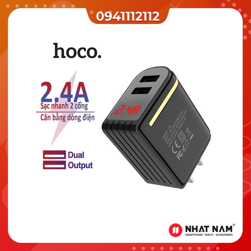 Củ Sạc 2 Cổng USB HOCO C39 (Mẫu 2020) Max 5V-2.4A (12W) ✓ Led Hiển Thị Dòng Điện✓ IC Ổn Định Điện Áp