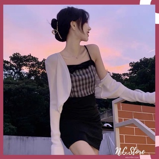 Set váy len đen body phối caro kèm tag nơ nhung tháo dời