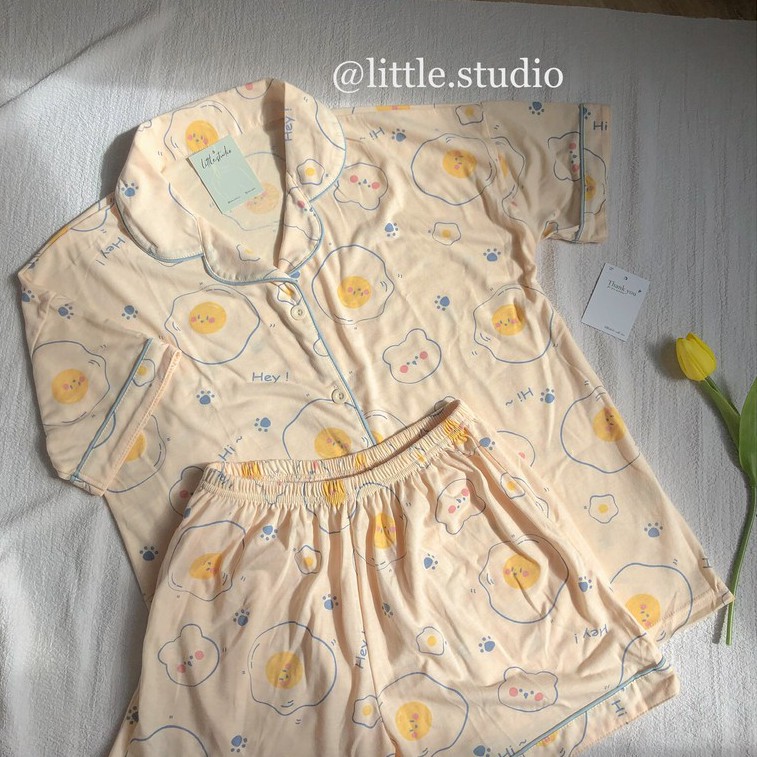 Bộ pyjama mặc nhà họa tiết trứng rán dễ thương đơn giản chất thun mỏng nhẹ thoáng mát Hàn Quốc mùa hè | BigBuy360 - bigbuy360.vn