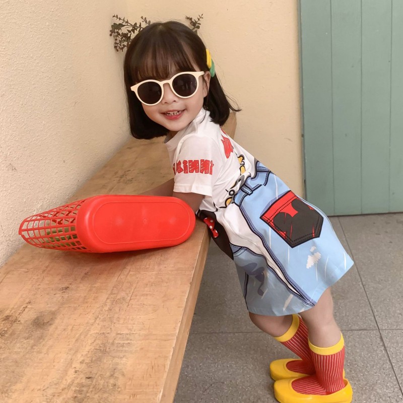 Đầm thun suông tay ngắn họa tiết hoạt hình thời trang dễ thương cho bé gái