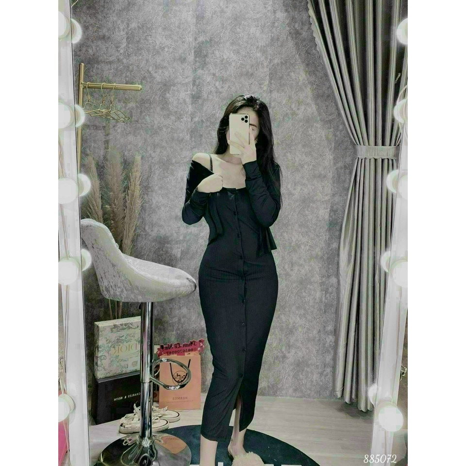 set đầm gân 2 dây hàng nút kèm áo khoác ngoài mềm mịn thu đông l