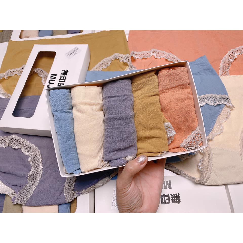 Quần lót nữ Set 5 quần chip muji nhăn ren cotton sợi tre mềm mịn kháng khuẩn full hộp