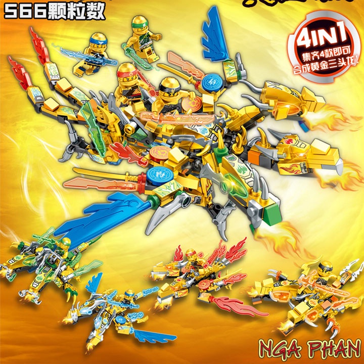 Ninja Cưỡi Rồng Hoàng Kim 2 Đầu Ninjago Đồ Chơi Xếp Hình Lắp Ráp MOC DIY
