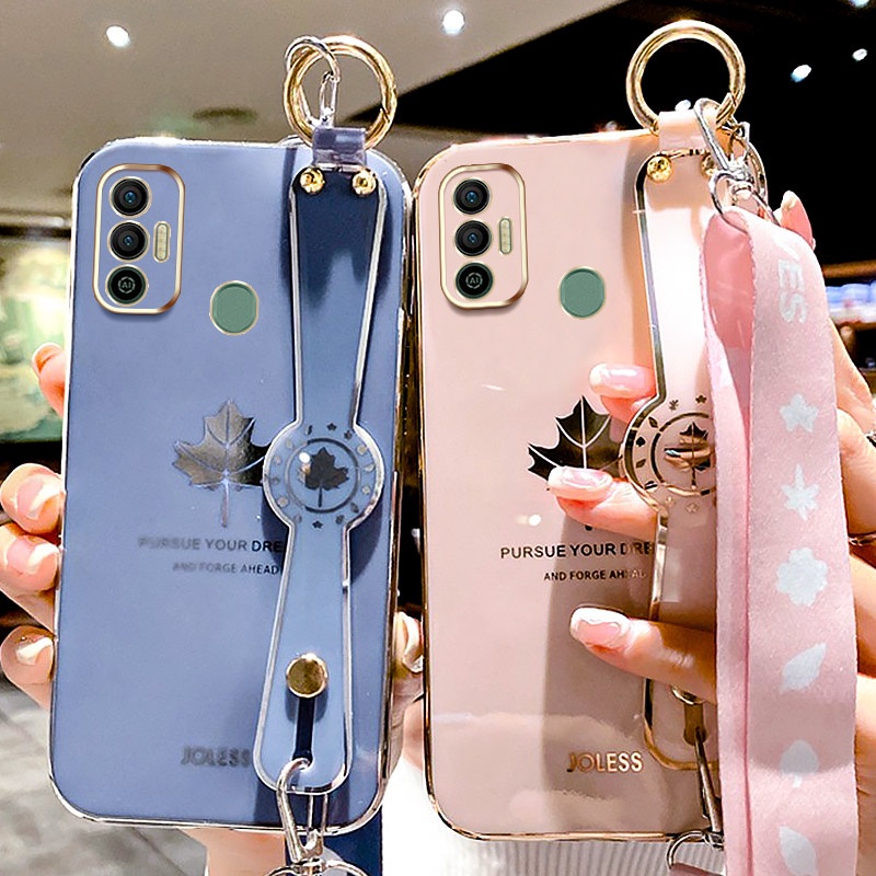 Ốp Điện Thoại Silicon gel Mềm Mạ Điện Chống Sốc Hình Lá Phong Có Dây Đeo Cho TECNO SPARK 7 7