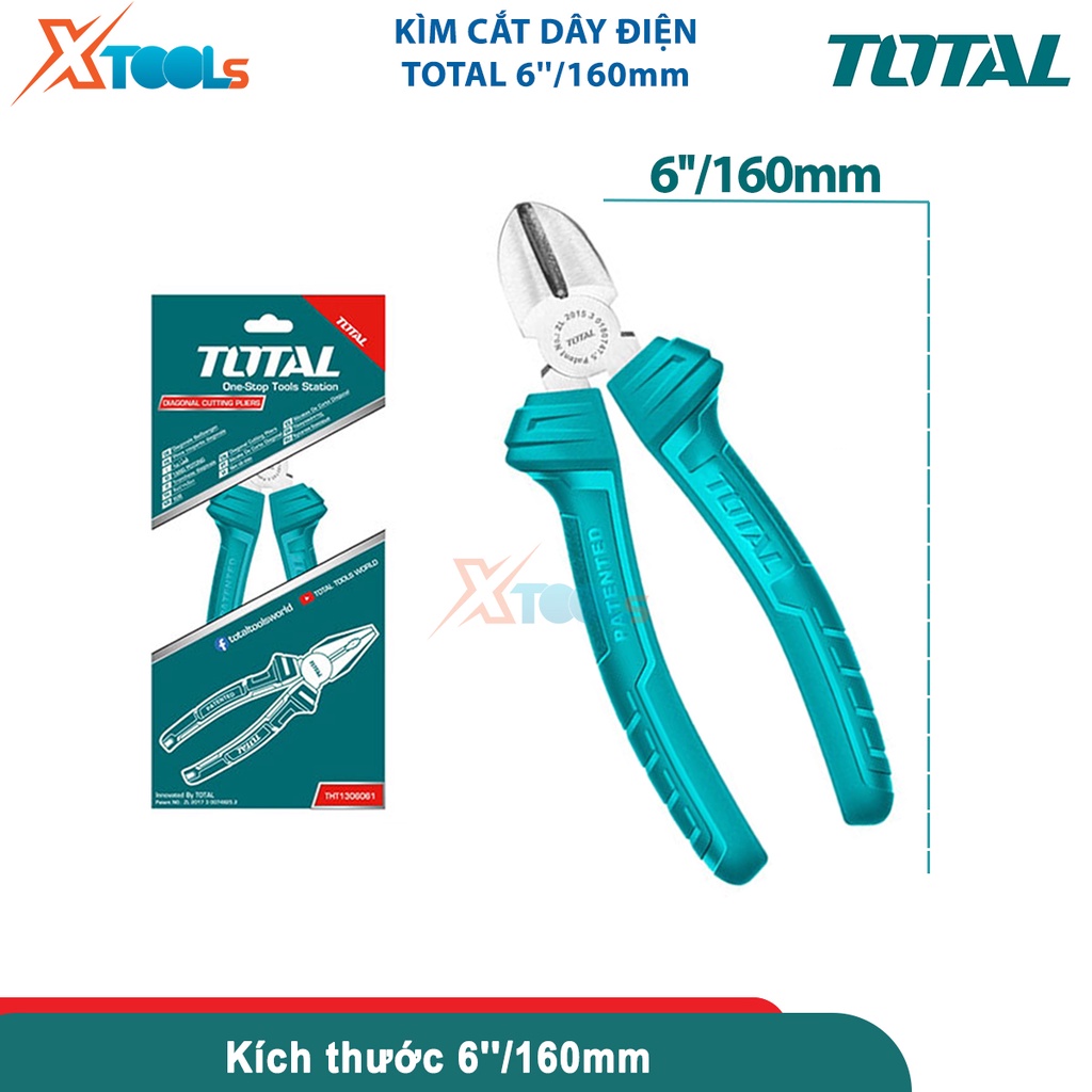 Kềm cắt 6''/160mm TOTAL THT130612, đầu kềm đánh bóng và chống rỉ, cán cầm bằng nhựa chống trơn trượt- CHÍNH HÃNG- XTOOLS