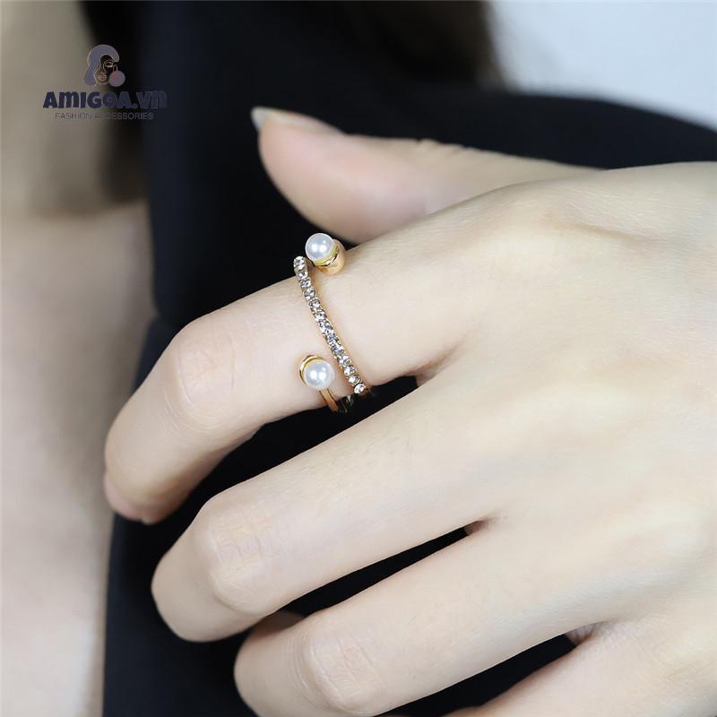 ✨✨ Nhẫn Hở Hai Lớp Đính Ngọc Trai Hình Học Bướm Thời Trang Đơn Giản Dành Cho Nữ