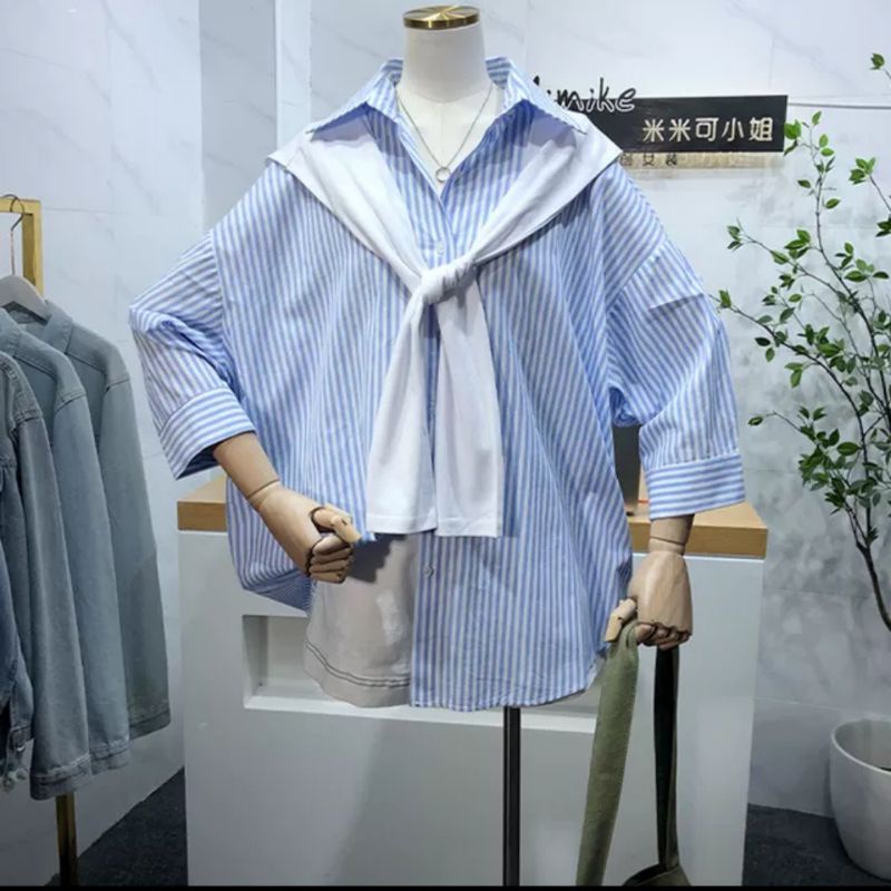 Áo sơ mi kẻ sọc kèm khăn quàng phong cách hàn quốc dáng tay lỡ