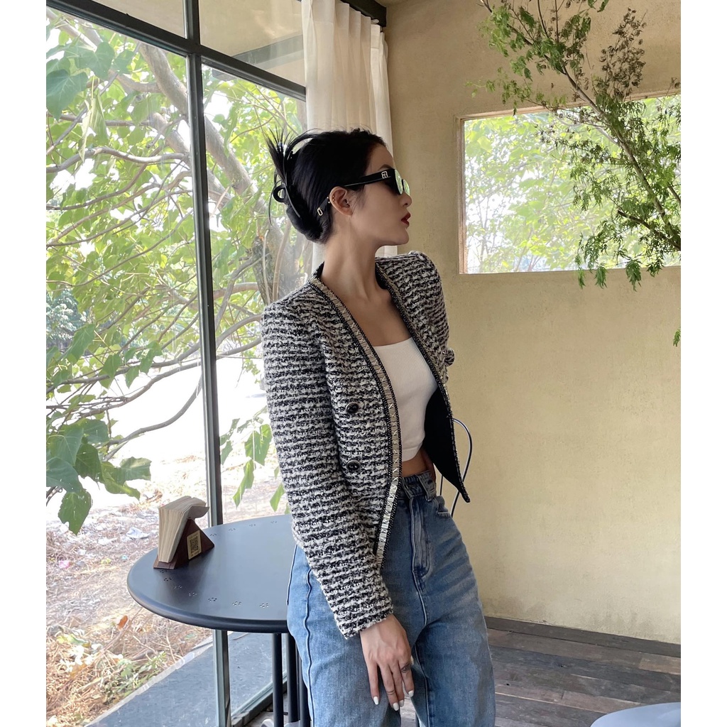 Áo khoác ngắn dạ tweed phong cách quý cô khí chất thời trang cao cấp Christian Dior CD