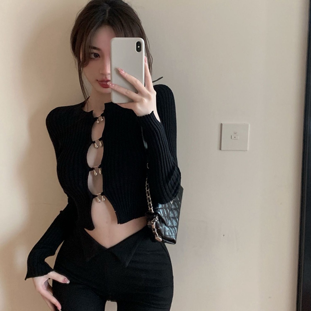 Jiashucheng Áo Khoác Cardigan Dệt Kim Tay Dài Cổ Tròn Thấp Dáng Ôm Vừa Vặn Ngọt Ngào Cho Nữ