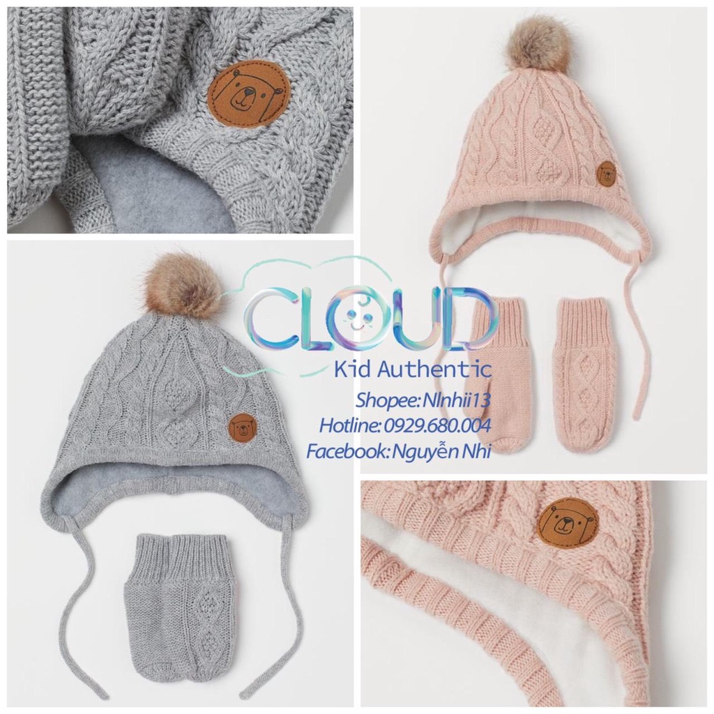 Set mũ len kèm găng tay lót nỉ siêu ấm cho bé chính hãng HM ES size 6-12m, 1-2y