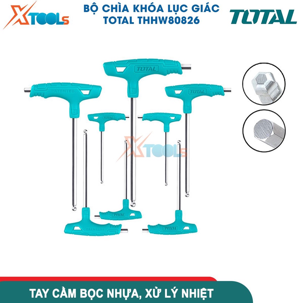Bộ 8 chìa vặn lục giác tròn tay cầm T TOTAL THHW80826, chất liệu: Cr-V, xử lý nhiệt và mạ chrome -CHÍNH HÃNG-XTOOLS