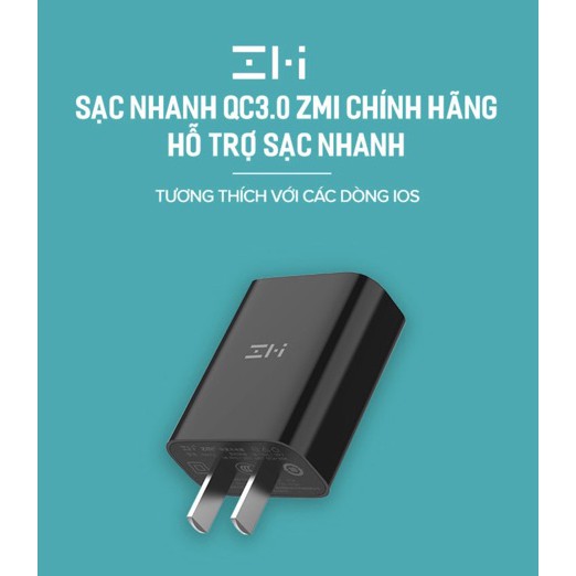 Củ Sạc Nhanh ZMI HA612 18W-đen iPhone iPad Android sạc nhanh Adapter sạc nhanh iphone